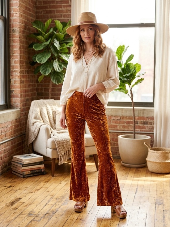 Kimchi Blue Pants - Kimchi Blue Crushed Velvet Flare Pants Gold Mustard Boho Retro Y2K L